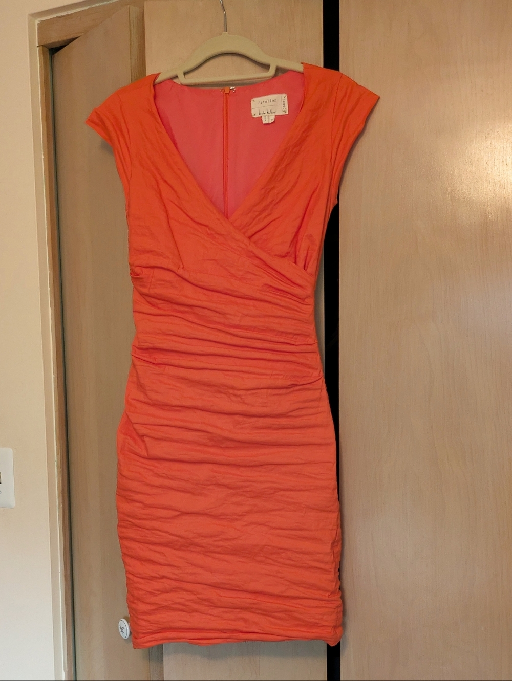 Women's Nicole Miller Atelier Orange Ruched V-Neck Dress Sz 10